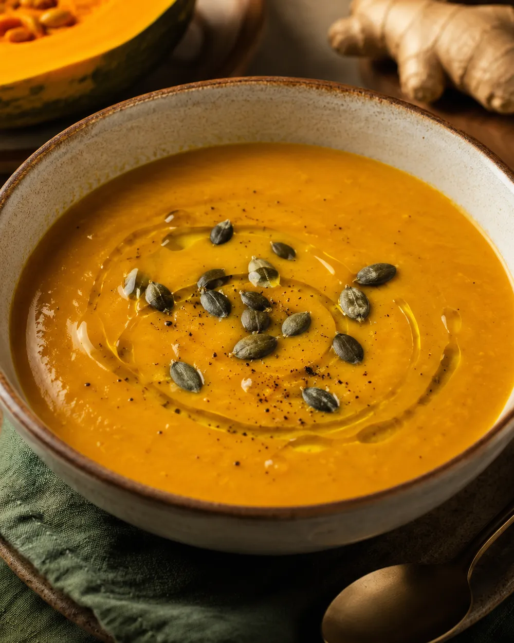 Sopa de abóbora com gengibre, finalizada com azeite, sementes de abóbora e pimenta-do-reino, servida numa tigela rústica